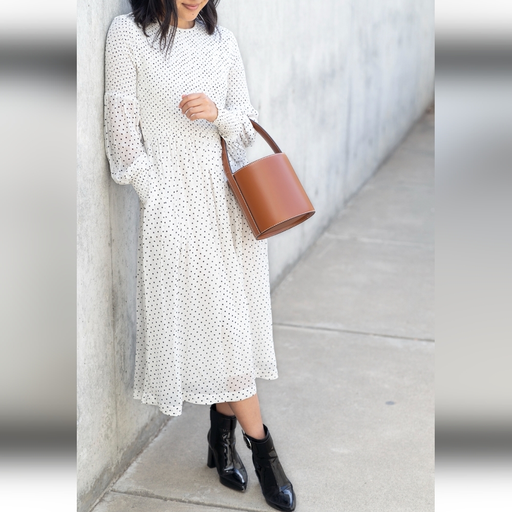 GANNI Rometti Smocked Georgette Polka Dot Midi Dress in Egret White 40 US 8